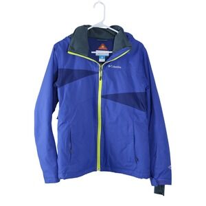 Columbia Omni-Heat Blue Colorblock Hooded Ski Jacket Women Sz M Neon Yellow Zip